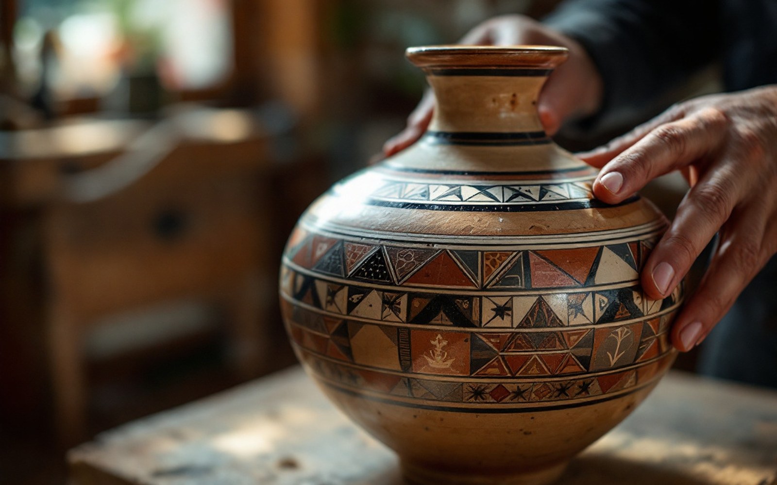 A painted geometric border running around the shoulder of a ceramic vessel, museum light