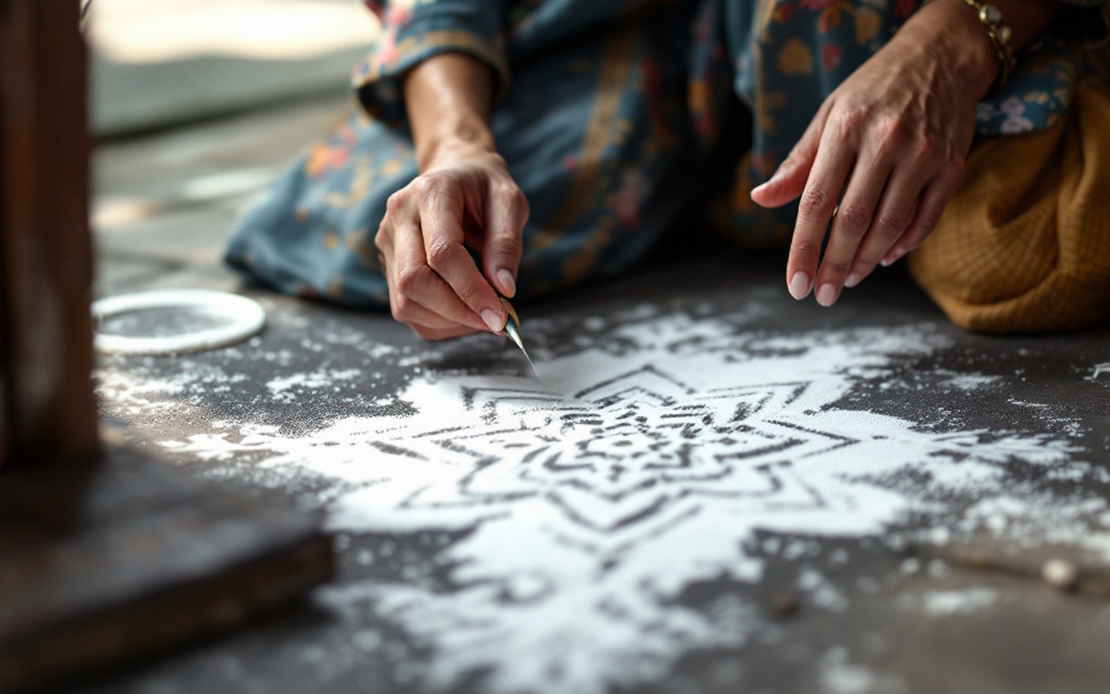 An adult woman's hands drawing a geometric design in white powder on a swept doorstep, close, morning light